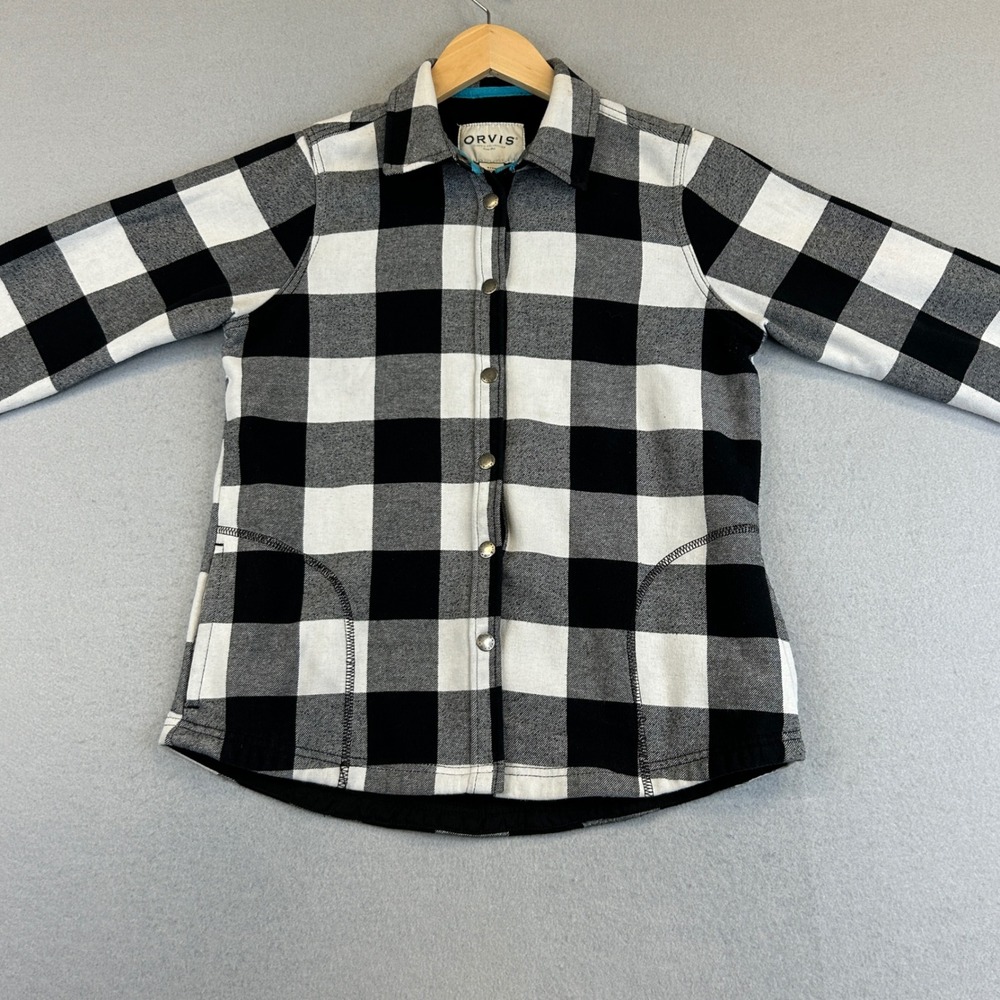 Orvis Shacket Mens S Black White Buffalo Plaid Fleece Lined Snap Front - Picture 2 of 8
